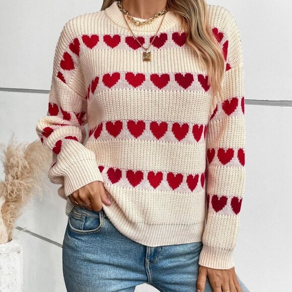 Heart Round Neck Dropped Shoulder Sweater NWT - Picture 5 of 8